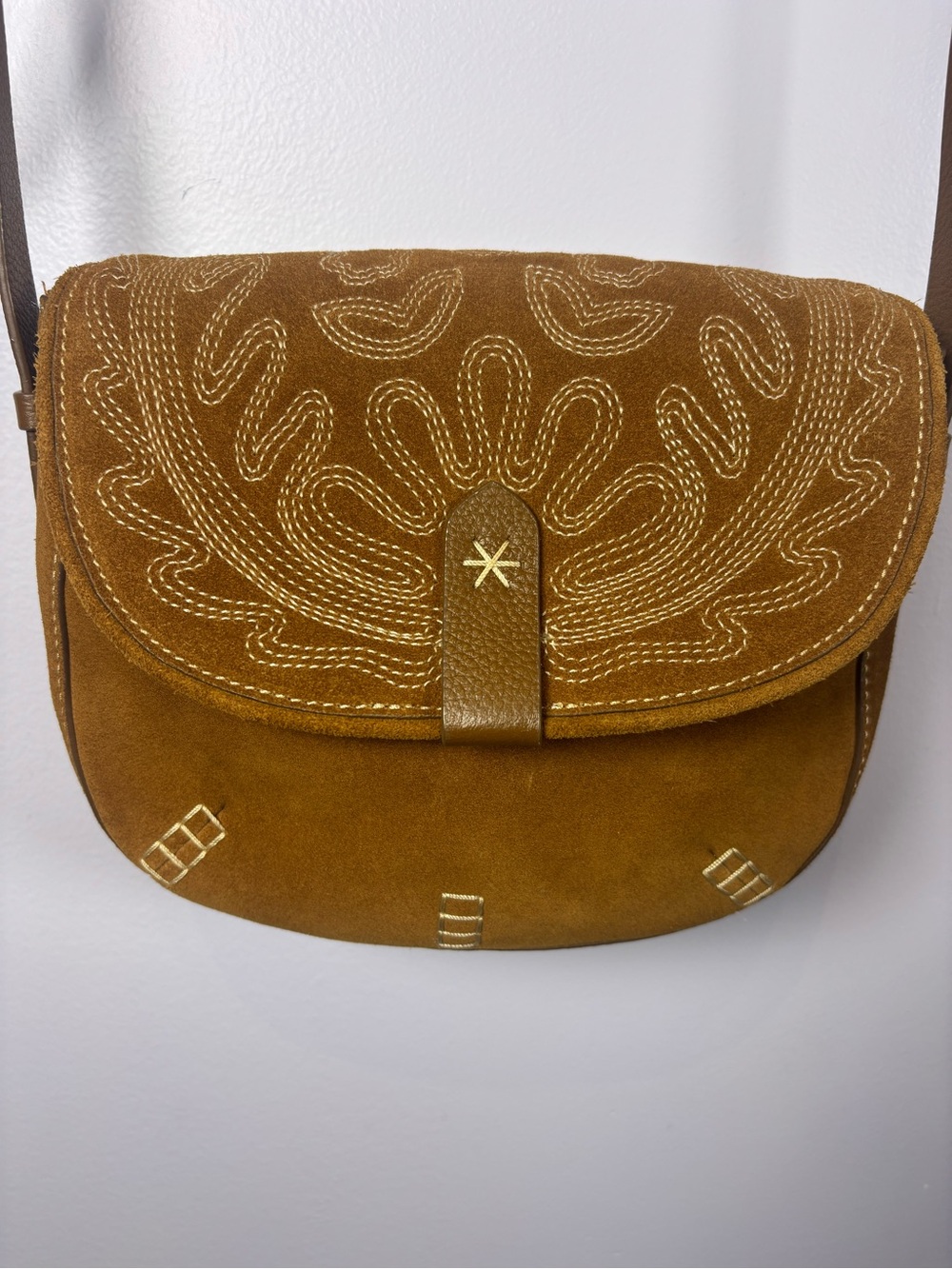 White Stuff Serena Saddle Embroidered Suede Crossbody Bag in Cognac
